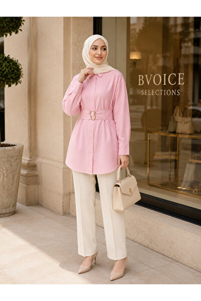 BVOİCE SELECTİONS Buckle Belted Cuff Sleeve Hidden Button Poplin Shirt-Pink