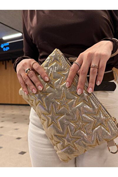 ÇANTA Yıldız kabartmalı gold clutch