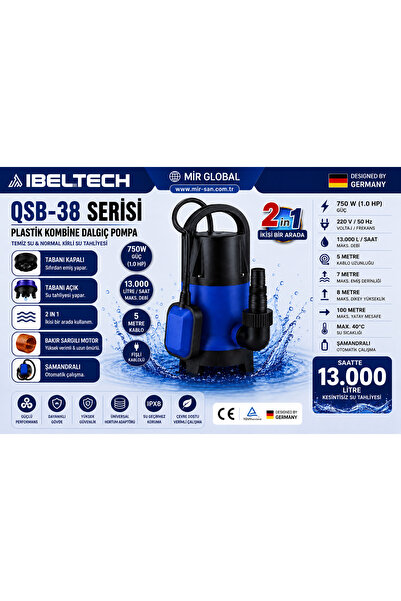 İBELTECH 750W 1.0 Hp Kombine Dalgıç Pompa 2’si 1 Arada Şamandıralı 13.000 L/S...