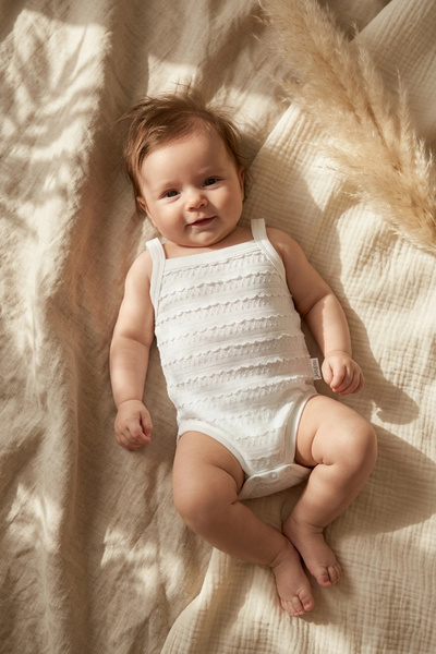 Babydonat Aria White Scallop Embroidered 100% Cotton Strappy Baby Bodysuit - ...
