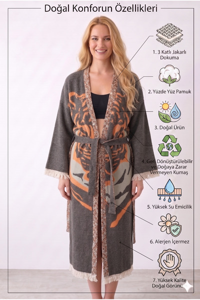 MEBEEPEŞTEMAL Müslin Kimono Bornoz Sabahlık %100 Pamuk Üç Katlı Jakarlı Dokum...
