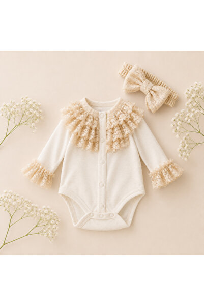 Bebelul Body elegant fetite cu bentita dantela crem 0-12 luni