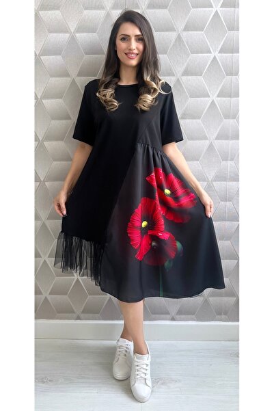styleFlex Asymmetrical Cotton Dress with Oversized Floral Printed and Tulle R...