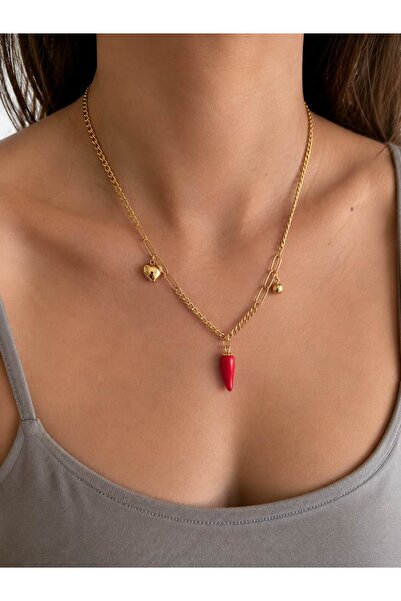 LEROSY CO. Red Pepper Detailed Heart Figured Necklace Women's Chain Necklace