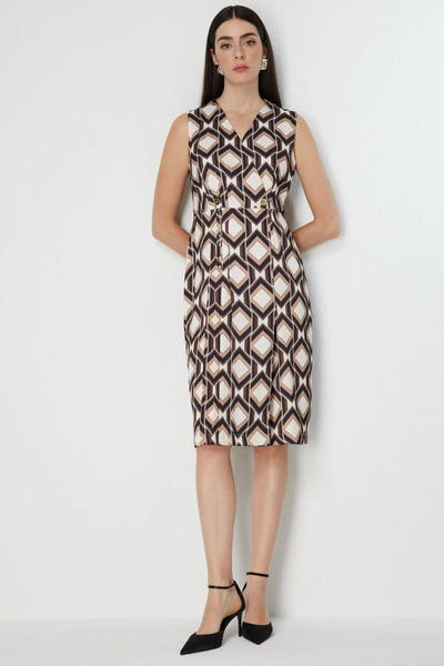 Ekol Ornamental Buttoned Patterned Midi Dress-6160