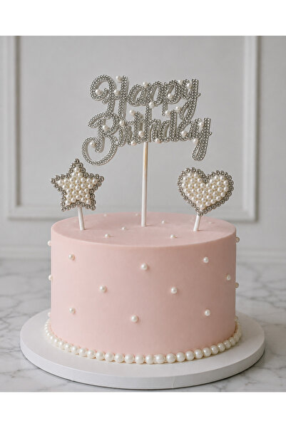 HAKİ İncili Happy Birthday Pasta Süsü 3'lü Seti – Gümüş Taşlı Pasta Süsü Kalp...