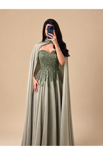 led style Royal Leen Dress with Glittering Embroidery and Flowing Shawl