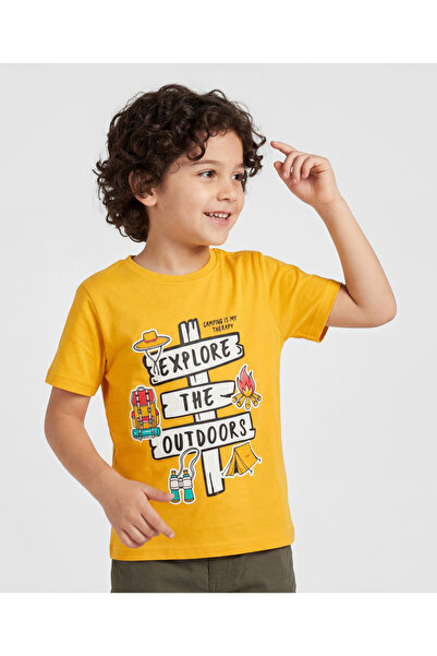 Pine kids Cotton Knit Half Sleeves T-Shirt with Text Print - Yellow
