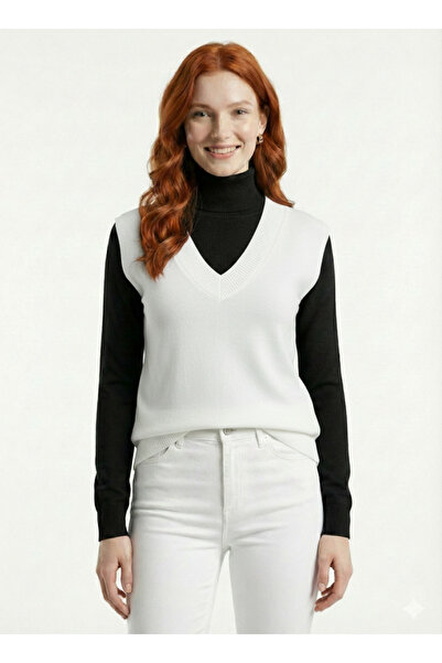 Neden Tekstil Women's V-Neck White Sweater Knitwear Regular Fit