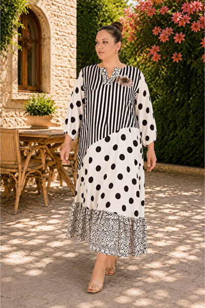 DARKWIN Plus Size Patterned Striped Polka Dot Skirt Hem Ruffles Loose Women's...