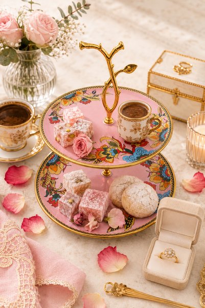 Sudedi Home 2-Tier Pink Patterned Serving Stand with Gold Detail – for Breakfast, Desserts, Engagement & Tea Time Presentation