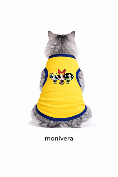 Modetra New Season Powerpuff Girls Printed Yellow Color Ribbed Cat Outfit - U...