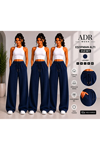 ADR MODA 3-Piece Wide Leg Sweatpants Navy Blue Daily Use Loose Fit