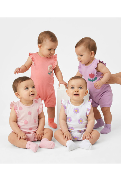 Bonfino 100% Cotton Floral Printed Flutter Sleeves Romper (Pack Of 4) - Multi...
