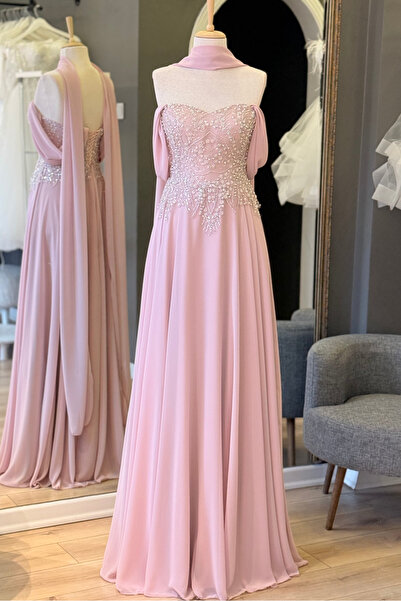 Lenta Moda Pudra Dantel Kaplama Düşük Kol Şal Detaylı Şifon Abiye Elbise