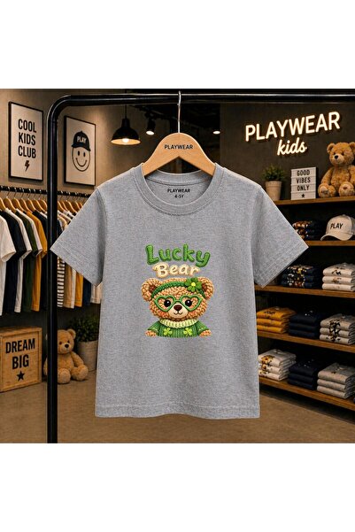 playwear Lucky Bear Green Printed 100% Children's Unisex T-Shirt 5 6 -7 8-9 1...