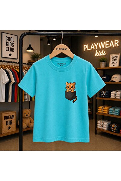 playwear Детска унисекс тениска с щампа на тигърче на джоба, 100% памук, за 5...