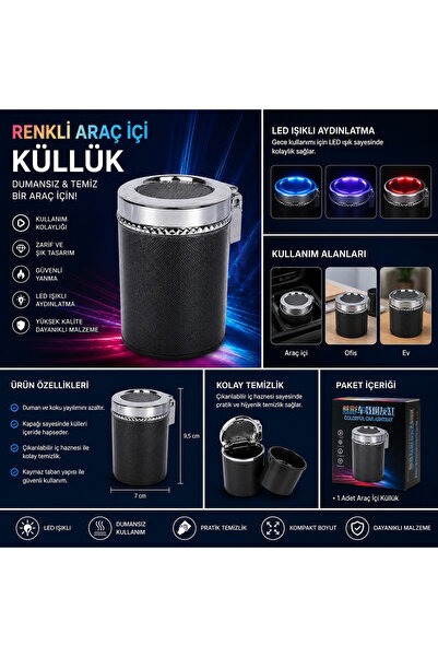 LED Işıklı Araç İçi Küllük Kapaklı Taşınabilir Oto Küllüğü Siyah