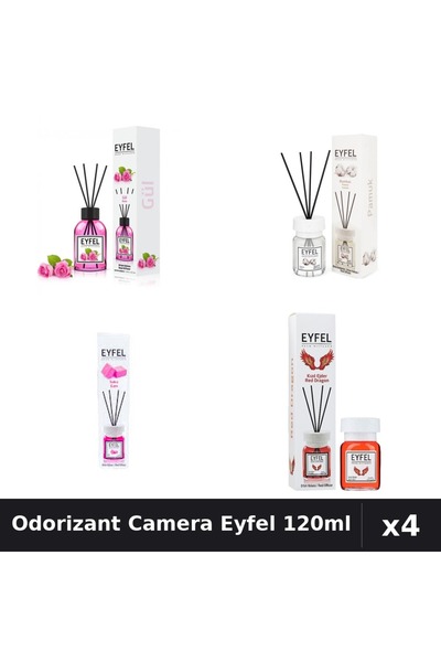 Eyfel Set 4 Odorizant Camera cu Betisoare - Trandafir, Bumbac, Bubble Gum, Re...