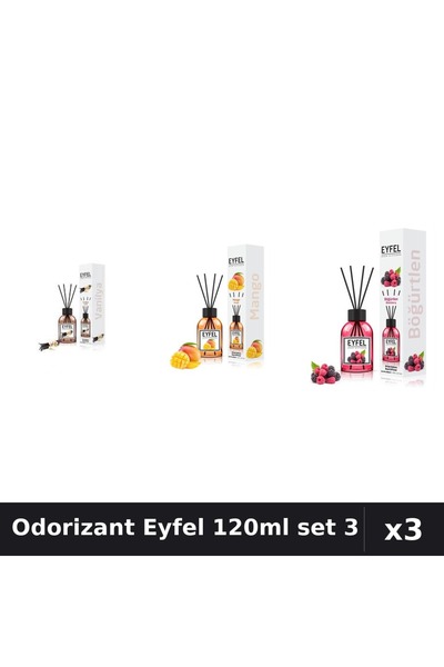 Eyfel Set 3 Odorizante Camera cu Betisoare 120ml - Vanilie, Mango, Fructe Padure