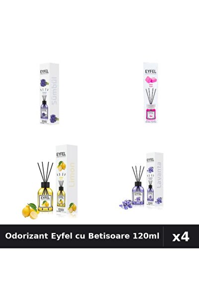 Eyfel Set 4 Odorizant Camera cu Betisoare 120ml - Zambile, Bubble Gum, Lamaie...