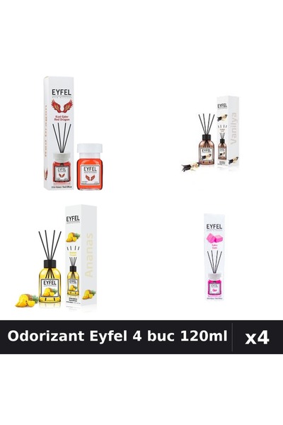 Eyfel Set 4 Odorizant Camera cu Betisoare - Red Dragon, Vanilie, Ananas, Bubb...