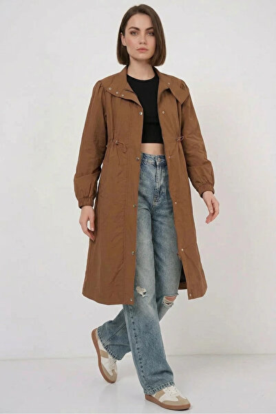 Şeker Portakalım Women's Shirt Collar, Gathered Waist, Elastic Sleeves, Tan T...