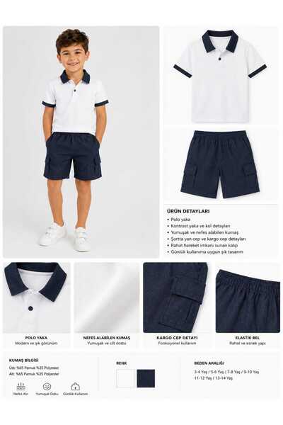 TORYUM TEKSTİL Jeans Patterned Polo Collar Children's Set with Double Cargo P...