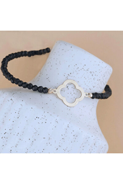 BLACK SWAN Bijoux Bratara cu cristale Negru si Clover / Trifoi din Aur 14K