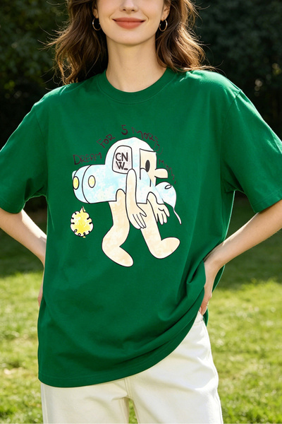 Fleck Womens T Shirts Cartoon Character With Rocket And Text Design Oversized...