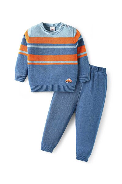 Babyhug Knit Full Sleeves Pullover Sweater and Pants Set with Color Block Des...