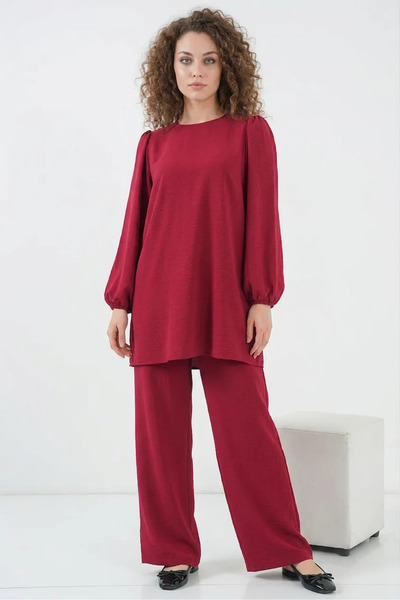 buğrahayalin Women's Round Neck Balloon Sleeve Burgundy Tunic Pants Top and B...