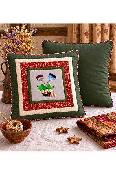 Poplin Pamuklu Kırkyama Patchwork Dekoratif Kırlent Kılıfı 45x45 cm