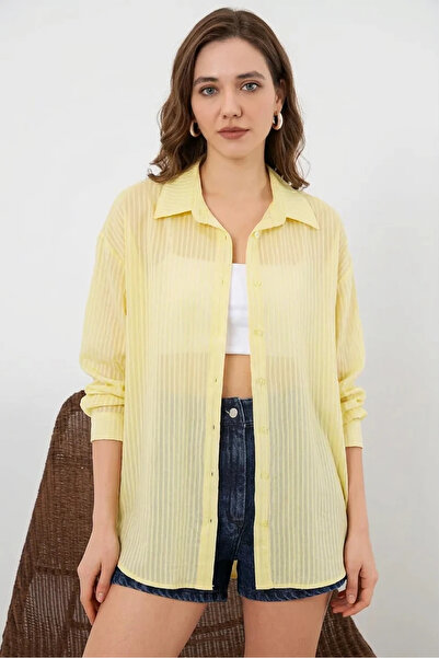 Efnaz style Women's Oversize Vertical Striped Viscose Yellow Shirt
