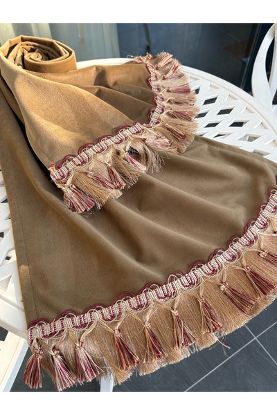 ELORA MAISON Taba fındık tütün rengi kadife kumaş çitt püsküllü runner örtü