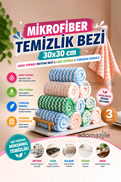 KCA HOME 3 Adet Mikrofiber Temizlik Bezi 30x30 cm, Yumuşak Dokulu, Leke Tutma...