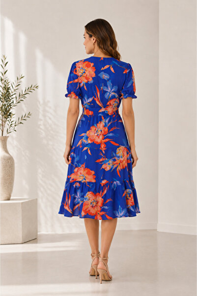 Bad Women's blue floral midi dress made of 100% viscose with 2 ruffles at the...