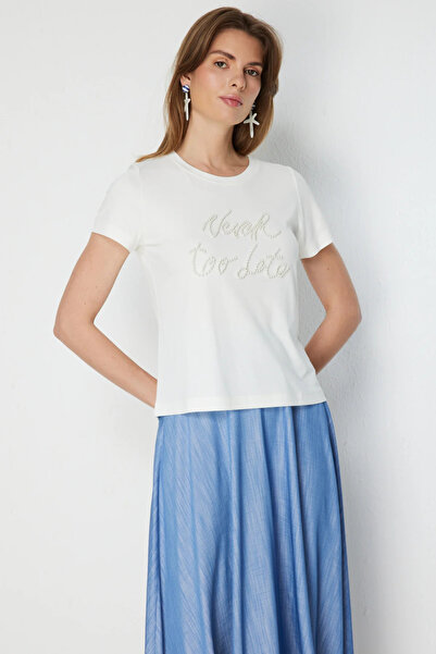On Fashion Ten Pearl Written Crew Neck Blouse-71460