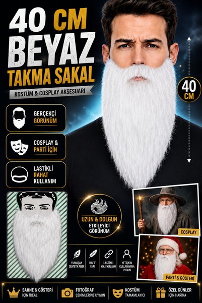 Tamsena Store 40 CM Uzun Beyaz Takma Sakal Lastikli Kostüm Sakalı Cosplay Par...