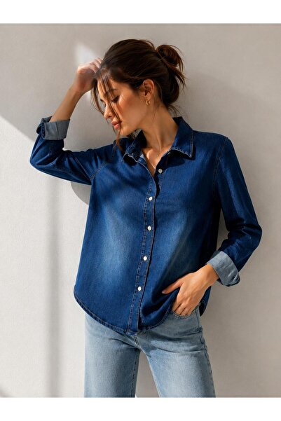 MAYKOT Kadın Koyu Mavi Denim Gömlek Uzun Kollu Düğmeli Rahat Kalıp