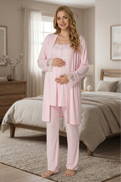 BLACKMORE Women's Powder Cotton Lace Detailed Maternity Pajama Set with Dress...