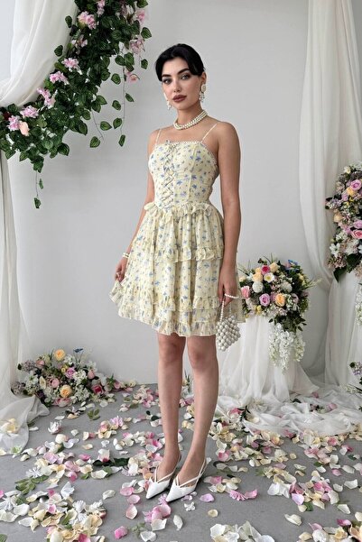 Caddebostan Moda Floral Patterned Rope Strap Ruffle Detailed Mini Dress with ...