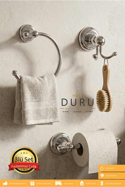 DURUBANYOCONCEPT DURU 3'LÜ BANYO SETİ HAVLULUK-BORNOZ ASKILIĞI-WC KAĞITLIĞI P...