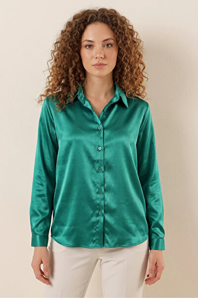Generic Brand Women's Lightly Draped Satin Dark Green Shirt