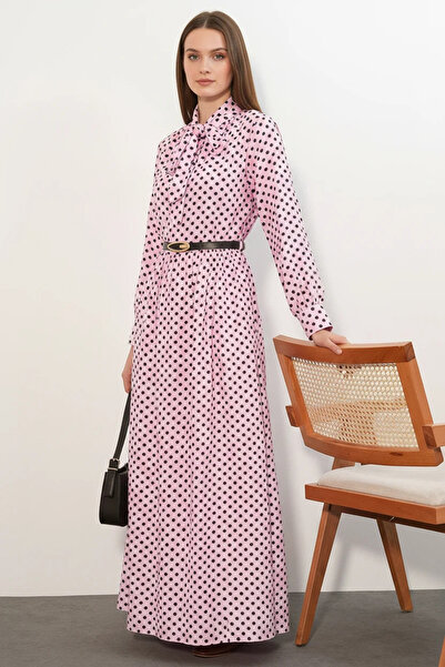 Efnaz style Women's Scarf Collar Belted Polka Dot Pink Hijab Dress