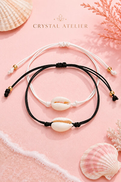 Crystal Atelier 2-Piece Seashell Macrame Bracelet Black White Gold Beaded Adj...
