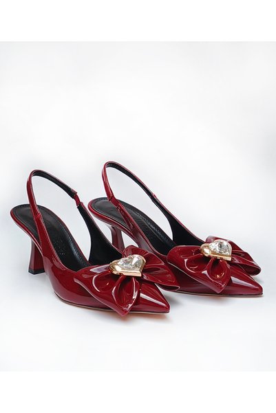 DUDYEN SHOES Women's Burgundy Patent Leather Bow and Stone Accessory 7 cm Heeled Shoes and Bag Set