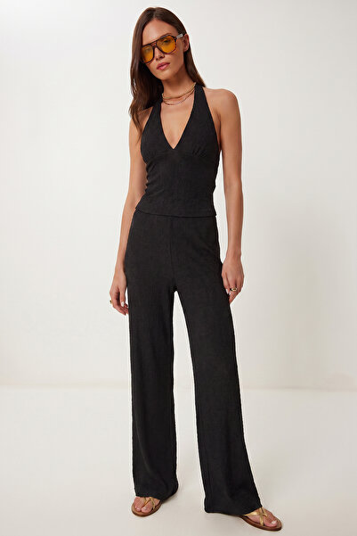 Lovelyİstanbul Neckline Crinkle Knitted Suit Lub0364 Black