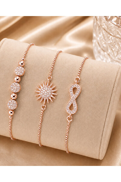 Merand Women's Rose Gold Color 3-Piece Steel Bracelet Set with Zircon Stones,...