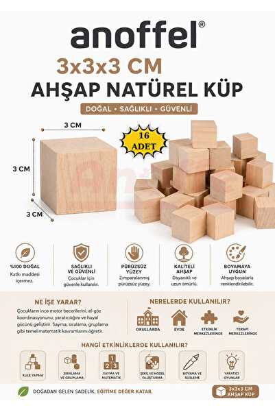 Anoffel Ahşap Naturel Küp Blokları 3X3X3 CM 16 Adet
